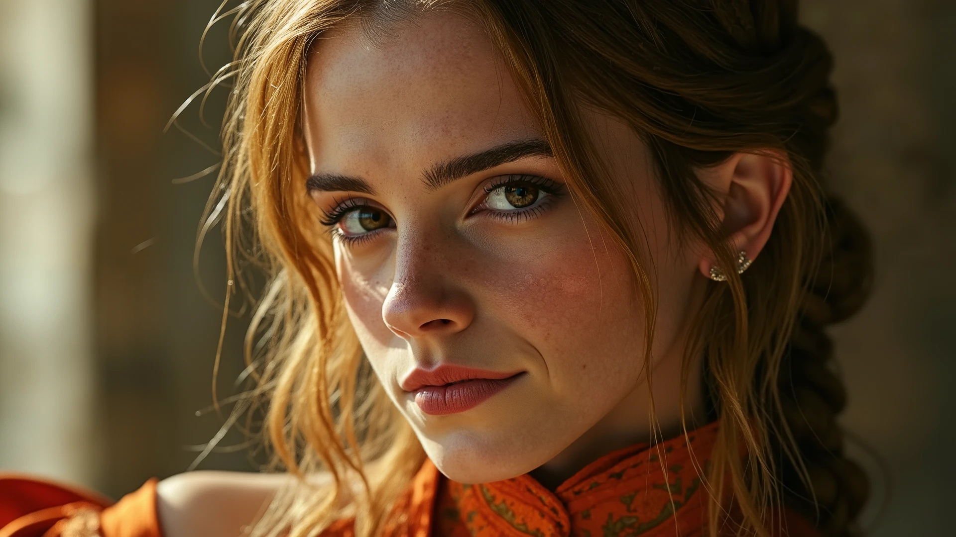 A mesmerizing full-body painting of an ethereal medieval woman, her features reflecting the golden ratio with exquisite, symmetrical beauty. her face has a slight triangular form with a soft chin. Her radiant emerald eyes sparkle with mystery, framed by long, dark lashes, while her delicate, inviting lips are subtly alluring. Her complexion is a soft, sun tanned, glowing gently under the dramatic spotlight of a sunlit day. Her cascading, braided golden hair flows gracefully over her shoulders, enhancing her slender, elegant form. Clad in a tight fitted, intricately embroidered medieval gown in vibrant shades of orange and red, it accentuates her silhouette with a sophisticated yet enchanting elegance, all captured through the nostalgic lens of 35mm film, evoking a classic, romantic feel. she has a beautiful smile and perfect teeth.