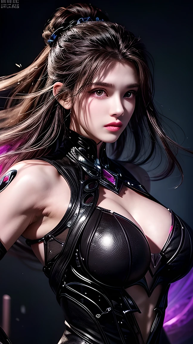 play sports often,ponytail 、(Ironheart:1.6)、(Navel exposed:1.2)、(cleavage:1.2)、(Cyberpunk settings: 1.2), compensate,, (1 girl: 1.4), highest quality, masterpiece, (reality: 1.2), young woman, lady, detailed face, fine eyes, fine hair, fine skin, looking at the viewer, dramatic, vibrant, sharp focus, 50mm, f1.2, EOS R8, (3/4 body: 1.2), Overall image, (Against the background of a ruined town: 1.6), (highest qualityの詳細: 1.2), 8K HD,(huge breasts:1.8)、(Lying:1.3),