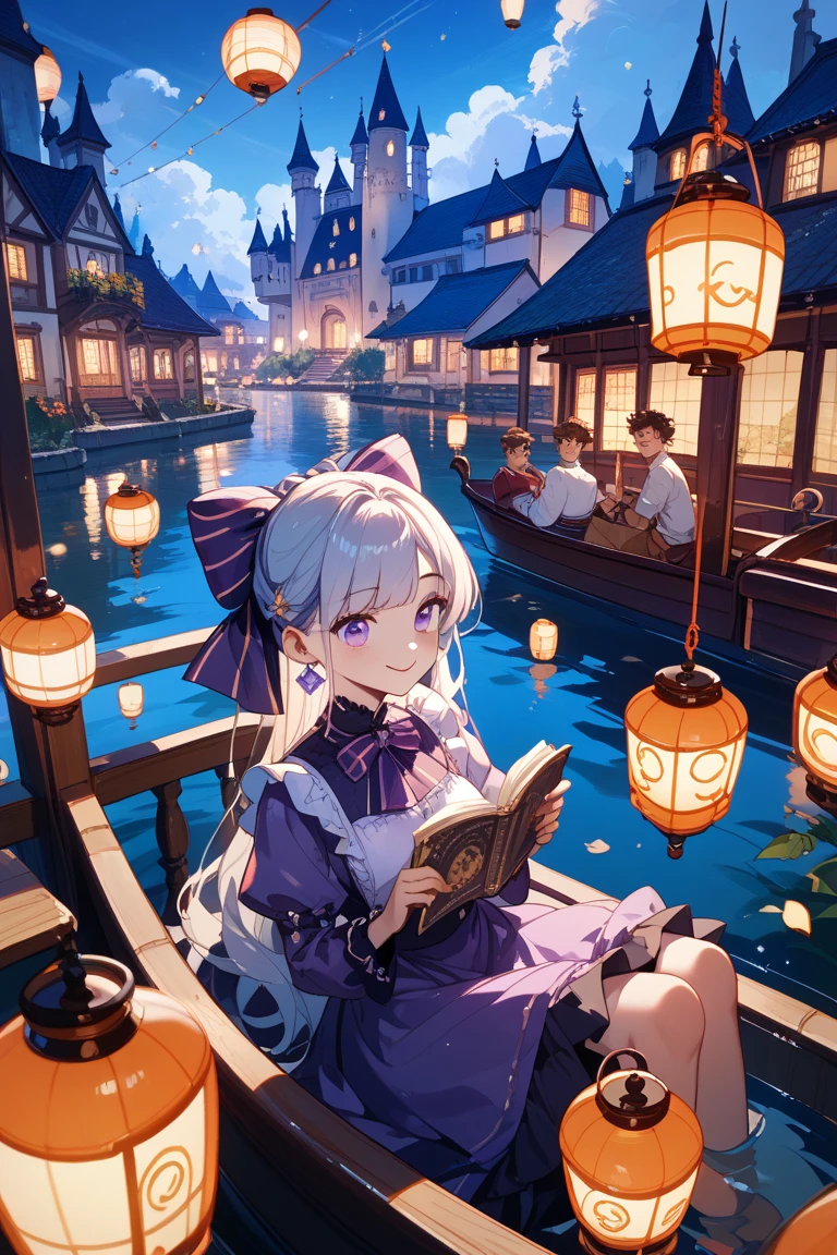 men and women、romantic、illustrations、 Disney-style 、night、on a boat、with lots of flying lanterns、castle and lanterns in the background、The girl is sitting face to face on a purple dress、boys are tuxedos