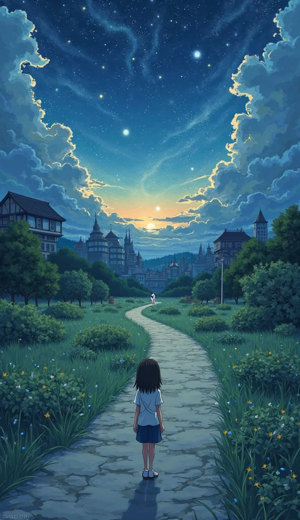 4K quality, Studio Ghibli style illustration of a young woman standing at a quiet fork in a scenic path, one side leading toward a shadowy figure of a man in the distance, the other toward a glowing horizon filled with books, buildings, and stars. The environment is lush and detailed, evoking both emotion and wonder.