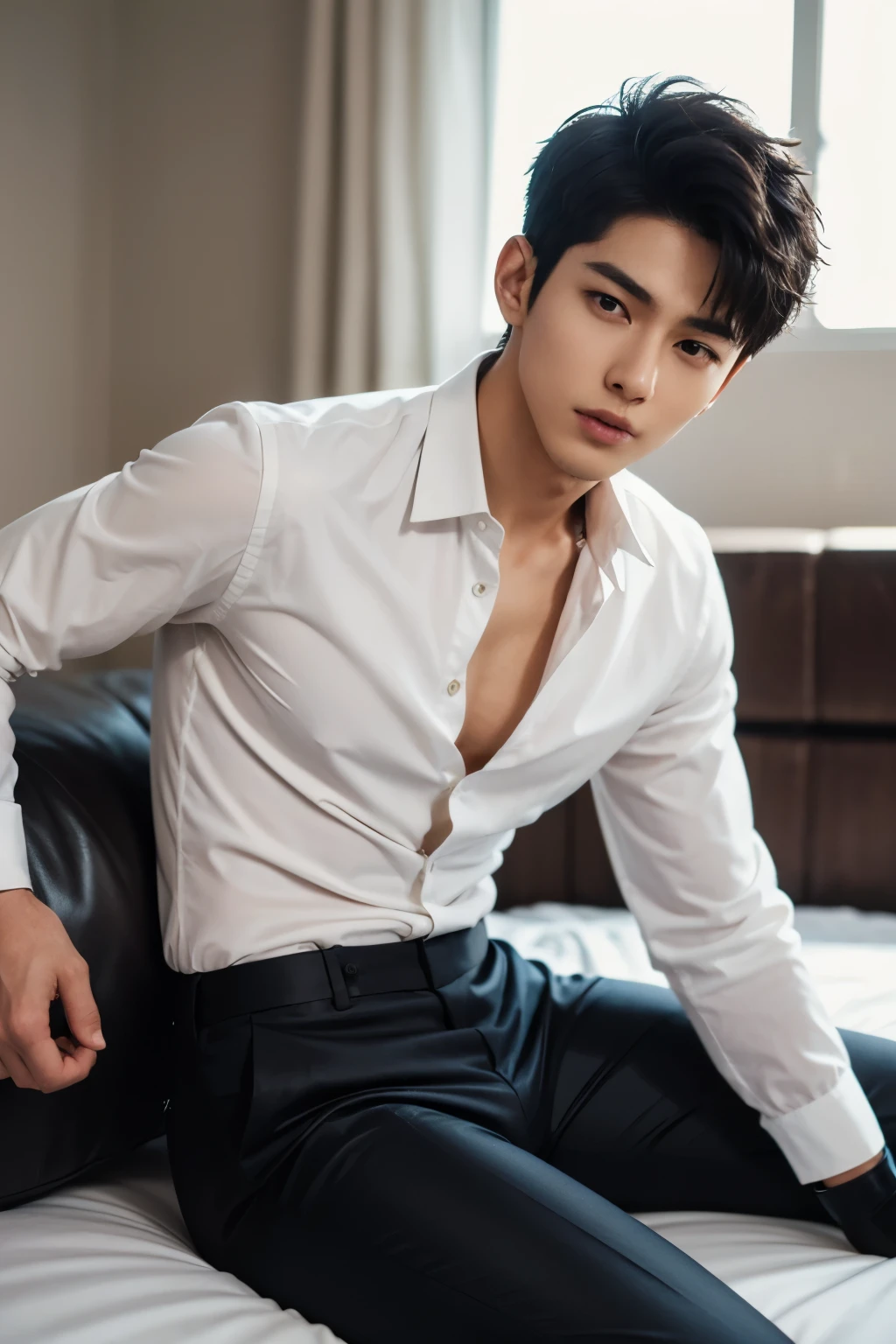 A young Asian man sitting on a large bed, handsome, detailed smirk, muscular, looking at the camera. Wearing tight T-shirt, In a hotel room