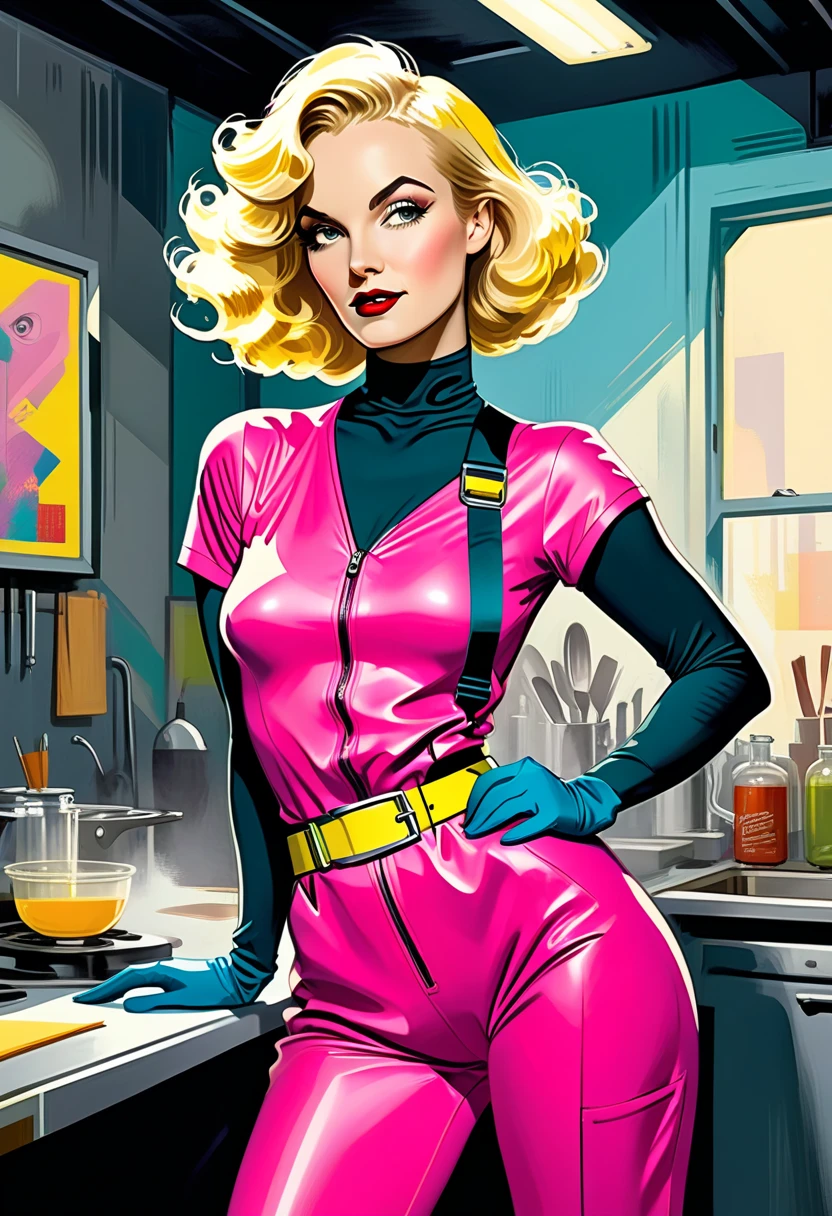 /recipe:artdeco dr Blight is a age 45 female scientist with blonde Marcel Waves covering her left eye and who usually wears tight pink spandex jumpsuits with a yellow utility belt slung loosely around her hips, long elbow-high dark gloves, high-cut boots ))), pop art style, bright colors, bold brushstrokes, playful, trendy, art deco, high contrast, unique composition, abstract, (((masterpiece, good quality, intricate details, high quality, best quality, 8k, in focus, sharp focus)))  [[naked, nude, low quality]] 