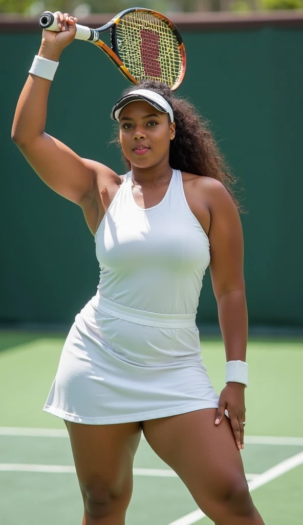 Black woman with light skin and very long curly hair, sexy, tall, tennis player, very sweaty, athletic, curvy body, ultrarealistic,