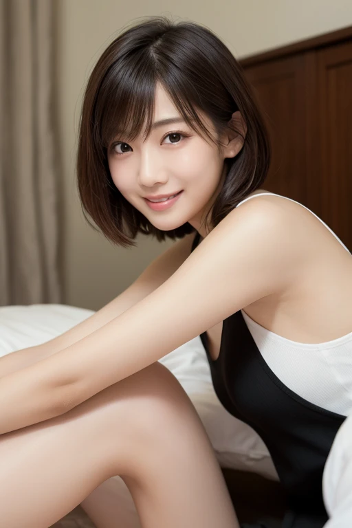 masterpiece, 1 girl per 1 photo, full body shot, front view, a Japanese young pretty girl, long bob, sitting alone on a bed in a hotel, glamorous figure, wearing a short length sleeveless shiny satin blue chemise with laces, wearing shiny satin white panties, a necklaces, a big smile, hyper cute face, glossy lips, double eyelids for both eyes, natural makeup, shiny smooth light brown hair of long bob hair, asymmetrical bangs, tanned skin, a silk pillow, silk bed sheets, central image, 8K resolution, high detailing, detailed hairstyle, detailed face, cinematic lighting, octane rendering, vibrant, hyper realisitic, perfect limbs, perfect anatomy