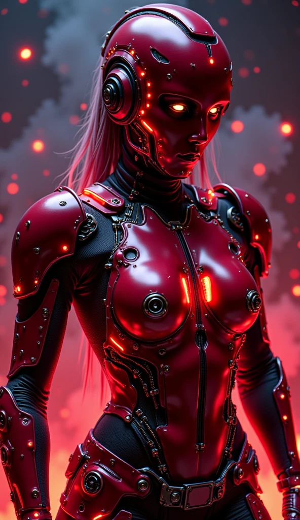 (masterpiece, photorealistic:1.4, extremely intricate:1.3), (photon mapping, radiosity, physically based rendering, ultra resolution, hyper-realistic, photorealistic:1.4, hyper-realistic, 8K), ((((humid Elven teenage 20year, [supermodel:bodybuilder:0.4], (wide eyes, long lashes, [medium breasts:small breasts:0.6], transparent red chrome breastplate armor:1.2)), [makeup:freckles:0.7]))), blue eyes), agony, BREAK, (((It's a futuristic humid dark room, she is a (((torso mounted on robot dreadnaught vehicle, juggernaut, muscular))), mechanical arms, mechanical torso, wires, wiring, (glowing cybernetic brass crystal chrome), long straight hairband ([bright blonde hair:bright red hair:0.3], volumetric, shadows)))
