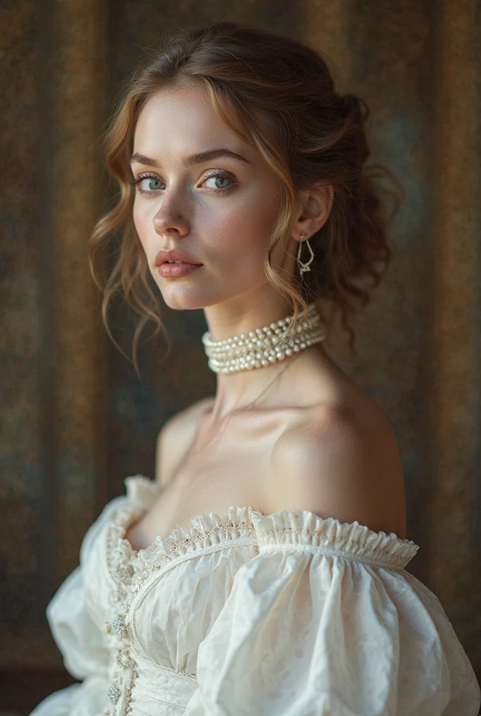 Beautiful young woman, inspired by Alexandre Cabanel, beautiful long white dress, 21 y.o., russian white clothes, choker, renaissance, beautiful, aristocratic, ultra high resolution, (photorealistic:1.4), cinematographic