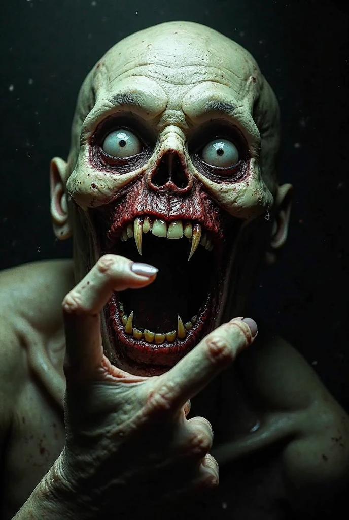 A grotesque, humanoid creature inches from the viewer’s face — its rotting, pale skin is stretched tight over sharp bones, cracked and oozing black liquid. Its mouth is unnaturally wide, filled with jagged, bloodstained teeth, and it’s twisted into a horrific smile. Milky, soulless eyes stare directly at the viewer, unblinking, with small twitching movements. Its long, dirty fingers are reaching out of the darkness, almost touching the screen, with broken nails and peeling flesh. The background is pitch black — only the creature’s face and hand are visible, lit by a cold, flickering light. The image feels claustrophobic, intimate, and horrifying — like it’s breathing on your skin. Hyper-realistic horror, extreme detail, psychological terror.”