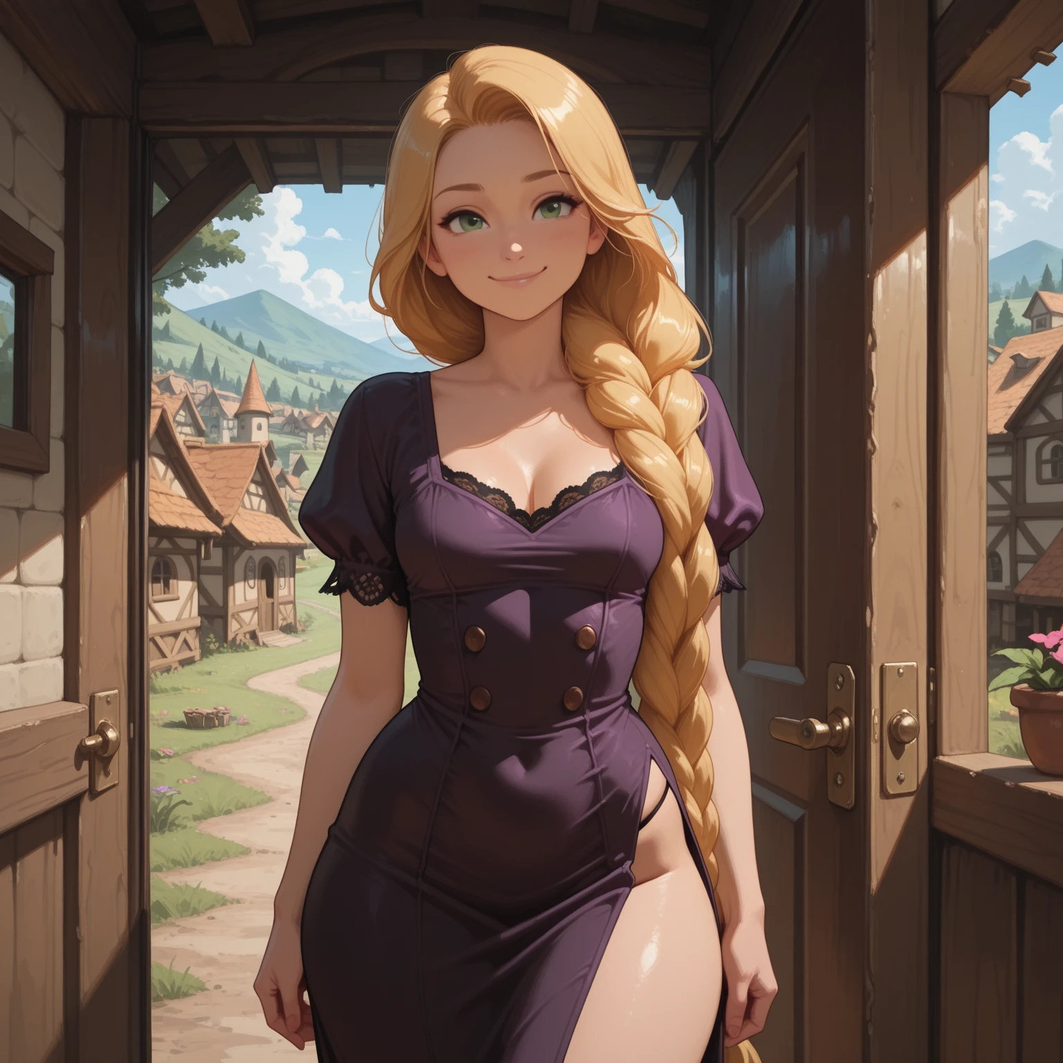 (masutepiece:1.4), (best qualit:1.4), (High resolution:1.4), elsa of arendelle, sheer brassiere、big Bra、Revealing underwear、Single braid, Smile,Pleasant face、Emphasis on the chest、 during night, Looking at Viewer, tall, show sexy legs