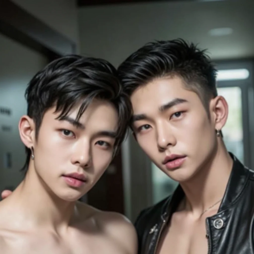 two boys, embrace, Photorealsitic, 8K full body portrait, a handsome, 18-year-old man, A charming expression, detailed face details, topless, sexy, Brief underwear, TOKYOcty, Winters, night, neon lights, in pub