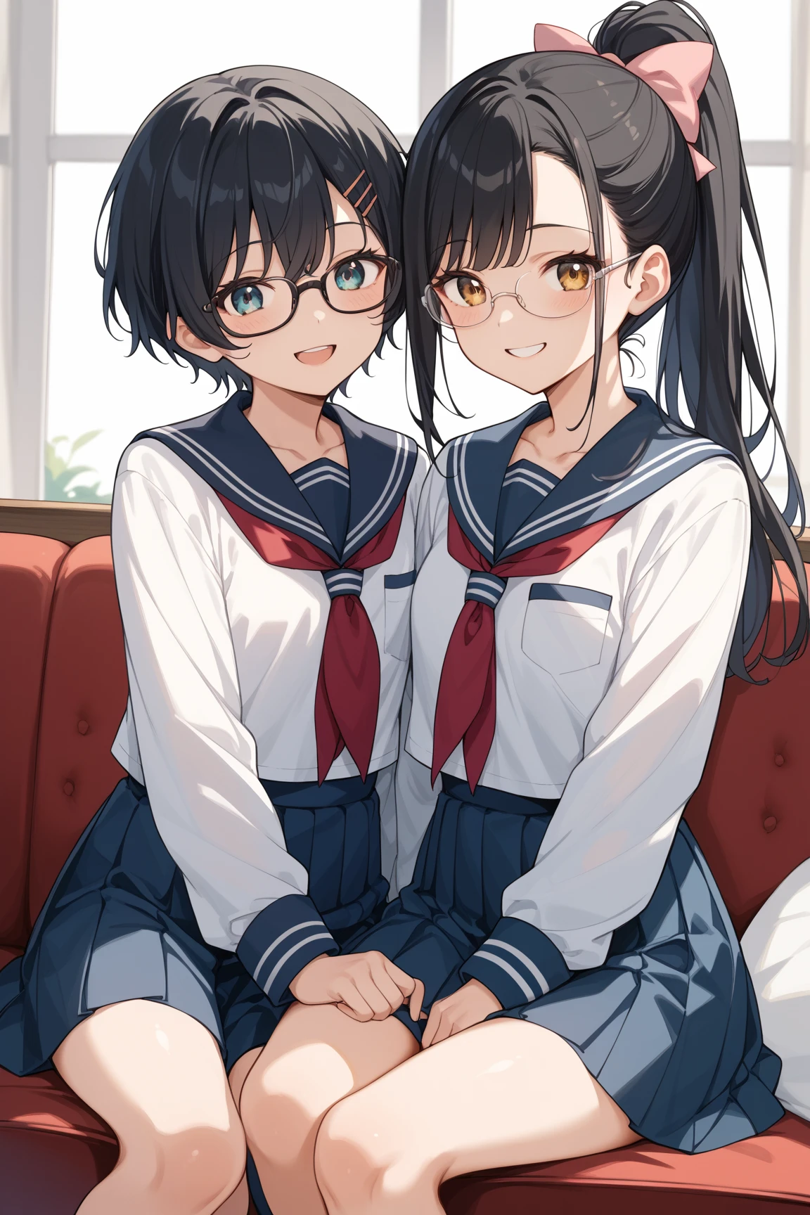 score_9, score_8_up, score_7_up, score_6_up, score_5_up, score_4_up, (source_anime), (ung girl), Two girls sitting on a train with luggage, posing, Japanese, cute, girls resting, tactile hair, black hair, glasses, hospital, big ilor suit, pleated skirt, high socks, looking at each other (((NSFW)))((Heart mark))((lower body))