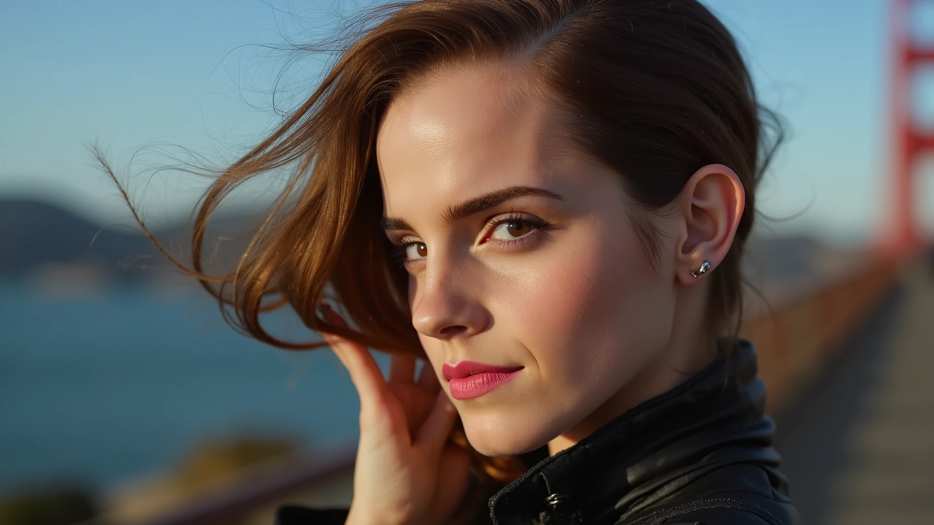 (detailed face), (detailed facial features), (thin skin), pale skin, great details, reflection, (art teacher), (perfect proportions), (realistic photos), (Highest quality), taken with Canon EOS R5 , 50mm lens, F/2.8, hdr, (8k), (background), (film lighting), (dramatic lighting), (sharp focus), (complex), (victorian bust corset and leather pants) , sexy high heels, (full body photos), (take different poses and angles), background at the Golden Gate Bridge in San Francisco