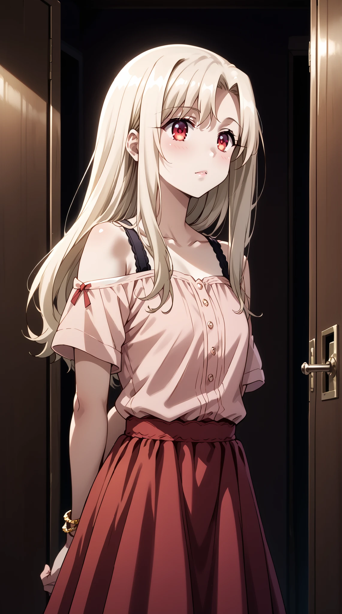 score_9, score_8_up, score_7_up, source_anime, 4K,perfect fingers,(perfect hands, perfect anatomy),prefect lighting, very aesthetic, intricate details,highly detailed background, masterpiece, high quality, best quality,
1girl,illyasviel von Einzbern, long hair, blonde hair, red eyes, parted bangs, Large Breast,
wearing ((bangle, bare shoulders, bracelet, dress, jewelry, short sleeves, shiny clothes, )),
A sagging breast, changing room, lockers, facing viewer, standing, ((arms behind back:1.2)),