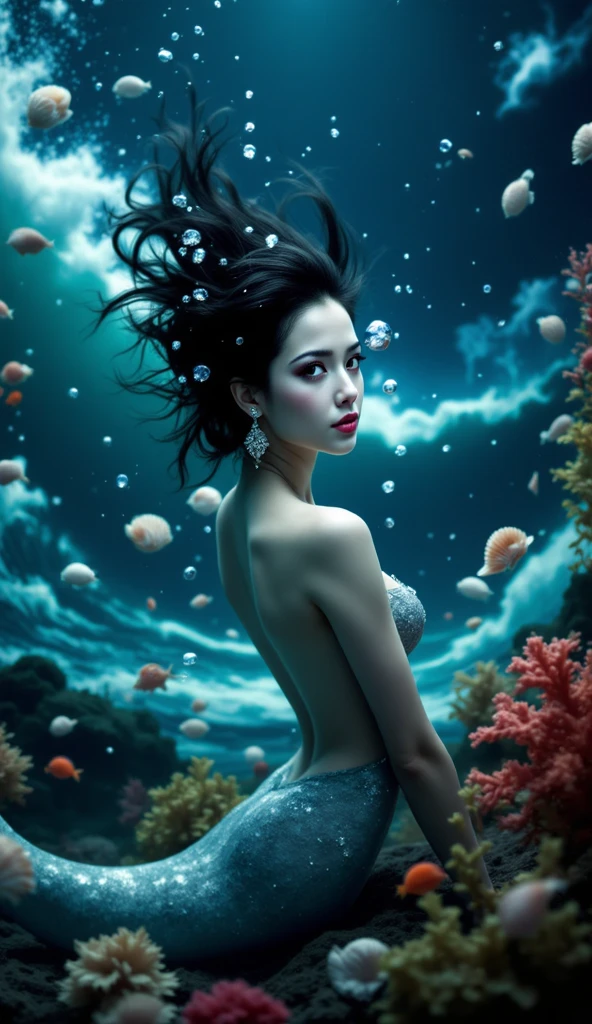 (32K, Artwork, top quality, masterpiece, photorealistic,  Super Fine), ((Dramatic Night Light, “Happy 2nd anniversary” characters expressed with bubbles)), Dynamic Flow of Water Waves:1.3, (Night sea, inspirational expressions:1.4, putting hands together, joy:1.0), Slim mermaid figure, Elegant and sophisticated, Beautiful and Sophisticated, Natural Cosmetics, Beautiful Eyebrows, white skin, (beautiful seashell and coral decorations, surrounded by colorful fish, Rich underwater vegetation), very pretty face, Beautiful  Eyes, overly sensual, , highly detailed skin and face textures on the board, amazing beauty, Medium ,   gap, earrings, ring, Solemn