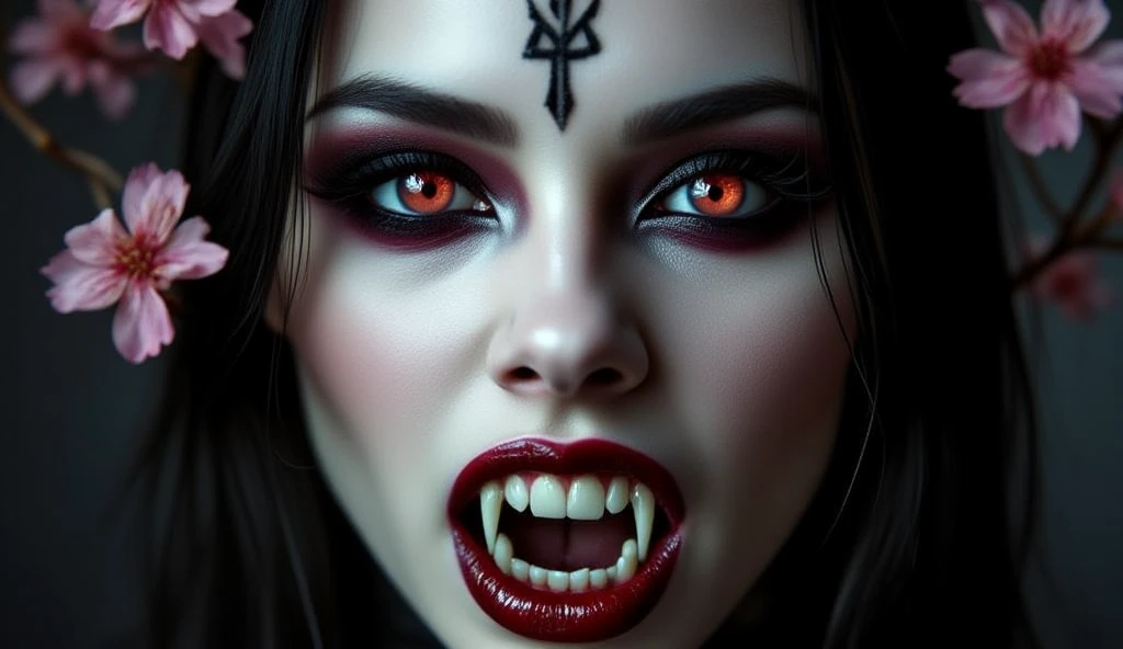 Fruits, Vegetables, horror-themed Wide angle digital illustration, (Demonic female character with dark ash-gray face:1.3), Symmetrical composition, Cracked stone texture, Golden veins, (Red luminescent eyes:1.3), Several twisted horns, Intricate golden metallic details, (Golden veins on neck and shoulders:1.2), Gothic architectural background, Bluish light from top center, (Ominous atmosphere:1.2), Deep shadows, Highlighted facial features, Sinister expression, Realistic digital art, Fantastic influence, eerie, unsettling, dark, spooky, suspenseful, grim, highly detailed, her mouth open wide with sex appeal.
