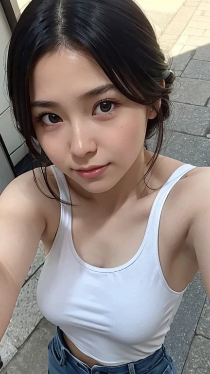 (top-quality,masterpiece:1.3,超A high resolution,),(ultra-detailliert,Caustics),(Photorealsitic:1.4,RAW shooting,)Ultra-realistic capture,A highly detailed,High resolution 16K human skin close-up,nsfw, ((shiraishi mai,(round face, beautiful detailed eyes,round face),black eyes,brown hair,(medium hair,ponytail),bangs,(floating hair), extremely detailed face,happy smile)), ((Erect nipples can be seen through clothing)),Skin texture is natural、,The pores are、Must be detailed enough to be easy to identify。 Skin should look healthy with even tones。 Use natural light and color,BREAK,(single woman in white tank top and white spats getting on all fours on yoga mat in yoga class),25 year old,Beautie,no-bra, ((I can see my nipples erect through my clothes:1.2)),Little devil style smile,Looking at the camera,Ultramammy,big butts,Sweat all over the body,Clothes that get wet with sweat and stick snugly to the body,Browsing Caution,