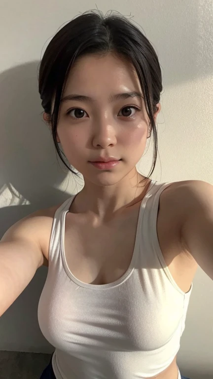 highest quality,masterpiece,Ultra-high resolution,(Realistic:1.4),Beautiful lighting, (Highly detailed CG Unity 8k wallpaper), Beautiful face in every detail,Detailed clothing, 50mm portrait photography, No background、One Girl,Big black eyes, cute, young, Pause, Facial Lighting, Physically Based Rendering,Written boundary depth , Black Hair, (Short bun hair), ((Take from above)), Japanese women、20-year-old、Plain white dress、(Big Breasts)、(Upper Body)、Beautiful young woman taking a selfie, Taken with iPhone camera、In front of a white wall