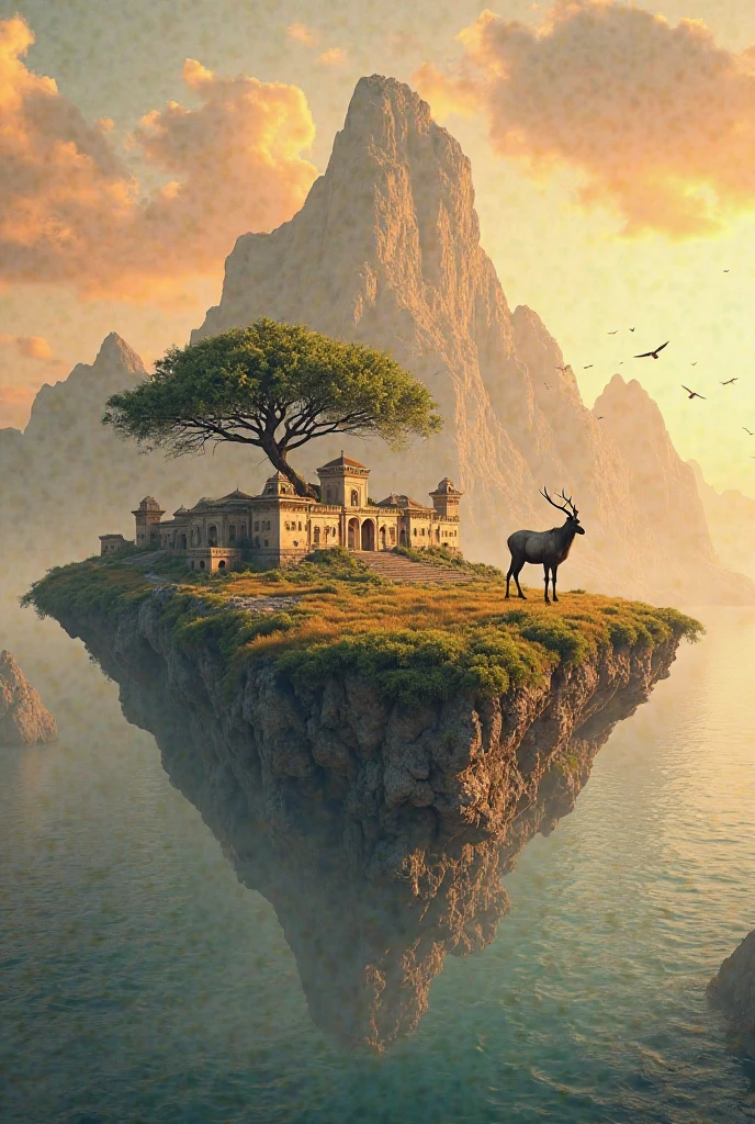 A realistic wide floating island inspired by Yemeni culture. It includes traditional Yemeni buildings like Bab al-Yemen and ancient tower houses. A large Dragon Blood Tree (Dracaena cinnabari) stands at the center. A majestic mountain ibex stands on grassy terrain. The island hovers at a low altitude above a calm ocean, surrounded by water with tall mountains in the background. The atmosphere is surreal with an orange sky, soft clouds, and flying birds. No text. Highly detailed and realistic.