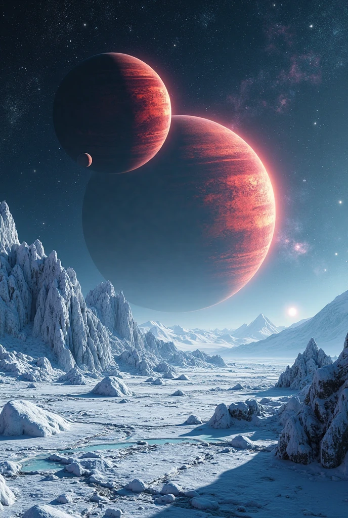 A frozen alien landscape with sharp ice formations and cracked icy ...