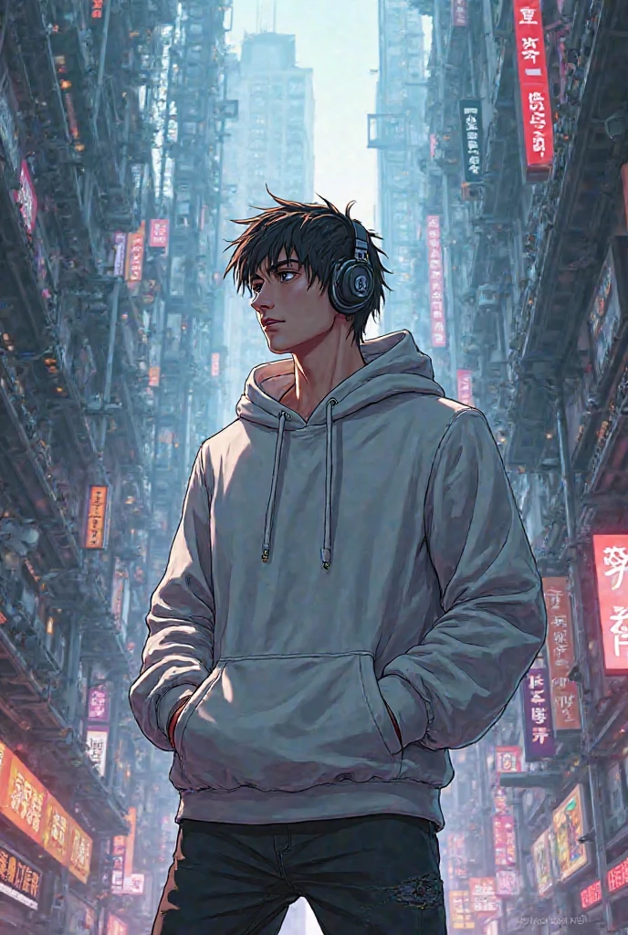 Anime man 30 years old with headphones standing in the middle of the city, Best anime 4k konachan wallpaper, style of anime4 K, cyberpunk anime man, Digital cyberpunk anime art, 4K anime wallpaper, cyberpunk anime man in white hoodie, Anime art wallpaper 8 K, Anime wallpaper 4K, Anime wallpaper 4 k, Badass anime 8 K, Anime art wallpaper 4k