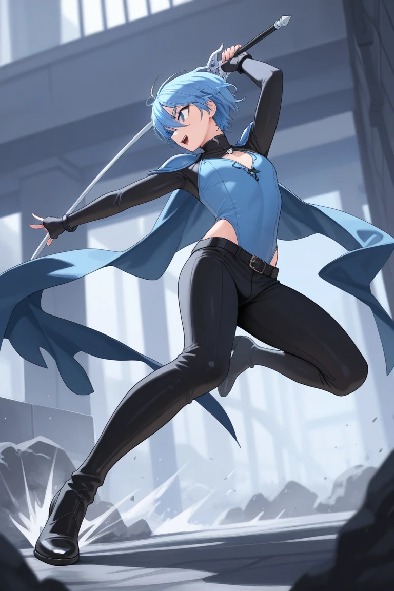 Princesa bonita e de jeito meigo, Asian face, cabelo em tom azul claro, em uma pose de luta de Kung Fu, Ao longe, where you can't see your toes and toes, cidade estilo cyber punk, with bright signs and large buildings in the background.