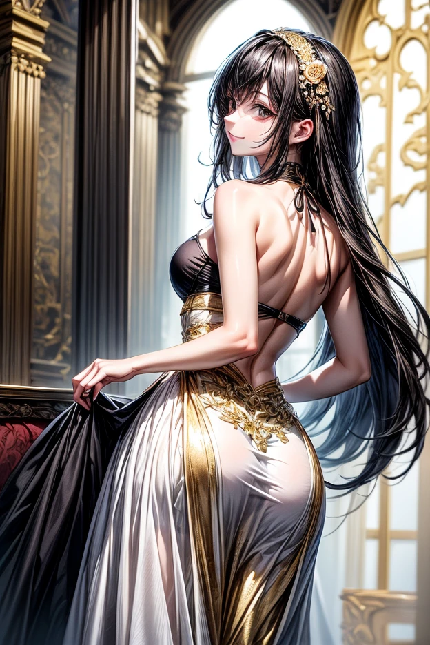 In this stunning (((full medium shot))), the artist has created a true (((masterpiece))) of (((photorealistic))) perfection. The level of detail in this image is truly unparalleled, with every aspect meticulously crafted to achieve the highest quality and realism. The lighting, reminiscent of a cinematic set, adds a touch of drama and elegance to the scene.
In the center of the frame stands a breathtaking (((1girl))) with long, flowing hair cascading down her back. Her intense gaze locks with the viewer, drawing them into her captivating blue eyes. Framing her face are strands of silky black hair, adorned with a delicate and enchanting hair ornament. She is dressed in an elegant black gown that accentuates her graceful figure, with her bare shoulders