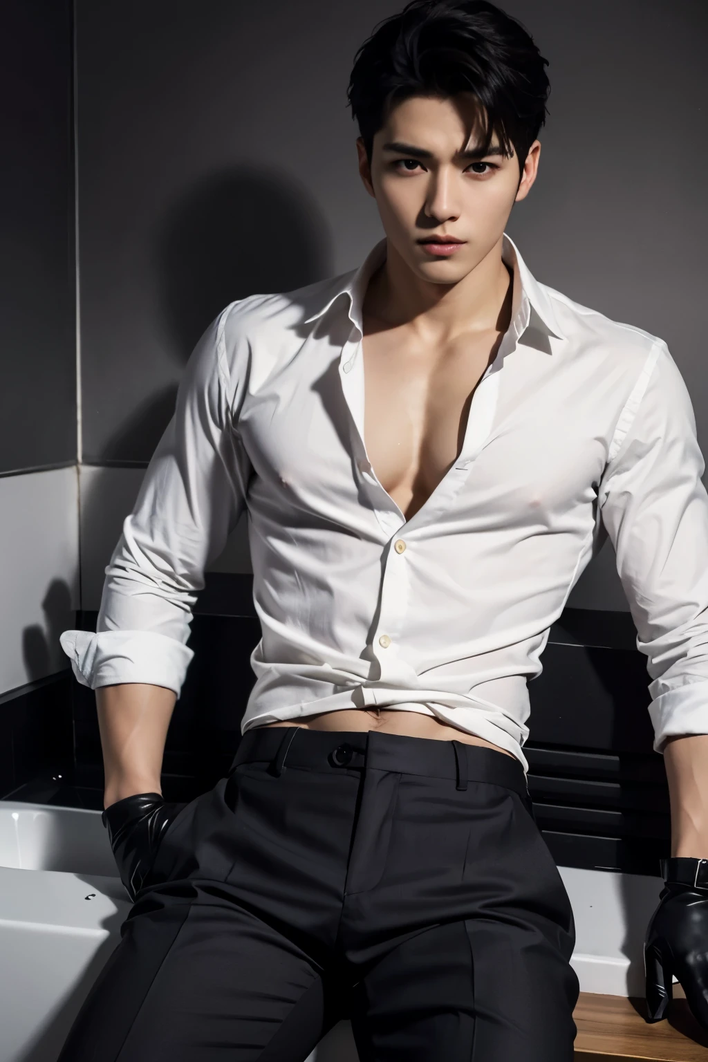 A very handsome and healthy man sitting at a sky lounge bar. He has black hair and is wearing a thin, white shirt with the top three buttons undone, revealing his chest. He is also wearing black slacks. His eyes, without double eyelids, are seductive