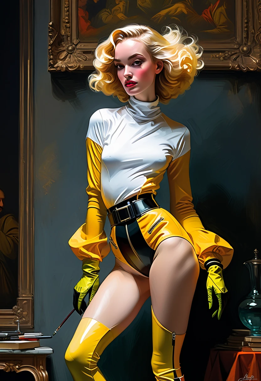 /recipe:artdeco dr Blight is a age 45 female scientist with blonde Marcel Waves covering her left eye and who usually wears tight pink spandex jumpsuits with a yellow utility belt slung loosely around her hips, long elbow-high dark gloves, high-cut boots sunny,bright colors, highly detailed, photorealistic, artstation, artwork by Frank Frazetta ))) lovely, wonderful, artistic, expressive [[poorly drawn, pixelated, compressed, low resolution, normal quality, low quality, bad , bad proportions, cloned face, duplicate, extra arms, extra limbs, extra legs, fused fingers, gross proportions, long neck, malformed limbs, extra legs, fused fingers, watermark, signature, username, jpeg artifacts, jpg artifacts]] dreamlike))) lovely, wonderful, artistic, expressive [[poorly drawn, pixelated, compressed, low resolution, normal quality, low quality, bad , bad proportions, cloned face, duplicate, extra arms, extra limbs, extra legs, fused fingers, gross proportions, long neck, malformed limbs, extra legs, fused fingers, watermark, signature, username, jpeg artifacts, jpg artifacts]] ))) ((((masterpiece, good quality, intricate details)))) canvas, oil painting structure and style, grainy, dusty and musty, oil, old painting effect))) high contract, sfumato, chiaroscuro, tenebrism, baroque style, dark, Rembrandt, caravaggio, vermeer,  Valentin de Boulogne, Adam de Coster, Trophime Bigot, Gerrit van Honthorst, Godfried Schalcken ((masterpiece, good quality, intricate details, high quality, best quality, in focus, sharp focus))))), pop art style, bright colors, bold brushstrokes, playful, trendy, art deco, high contrast, unique composition, abstract, (((masterpiece, good quality, intricate details, high quality, best quality, 8k, in focus, sharp focus)))
