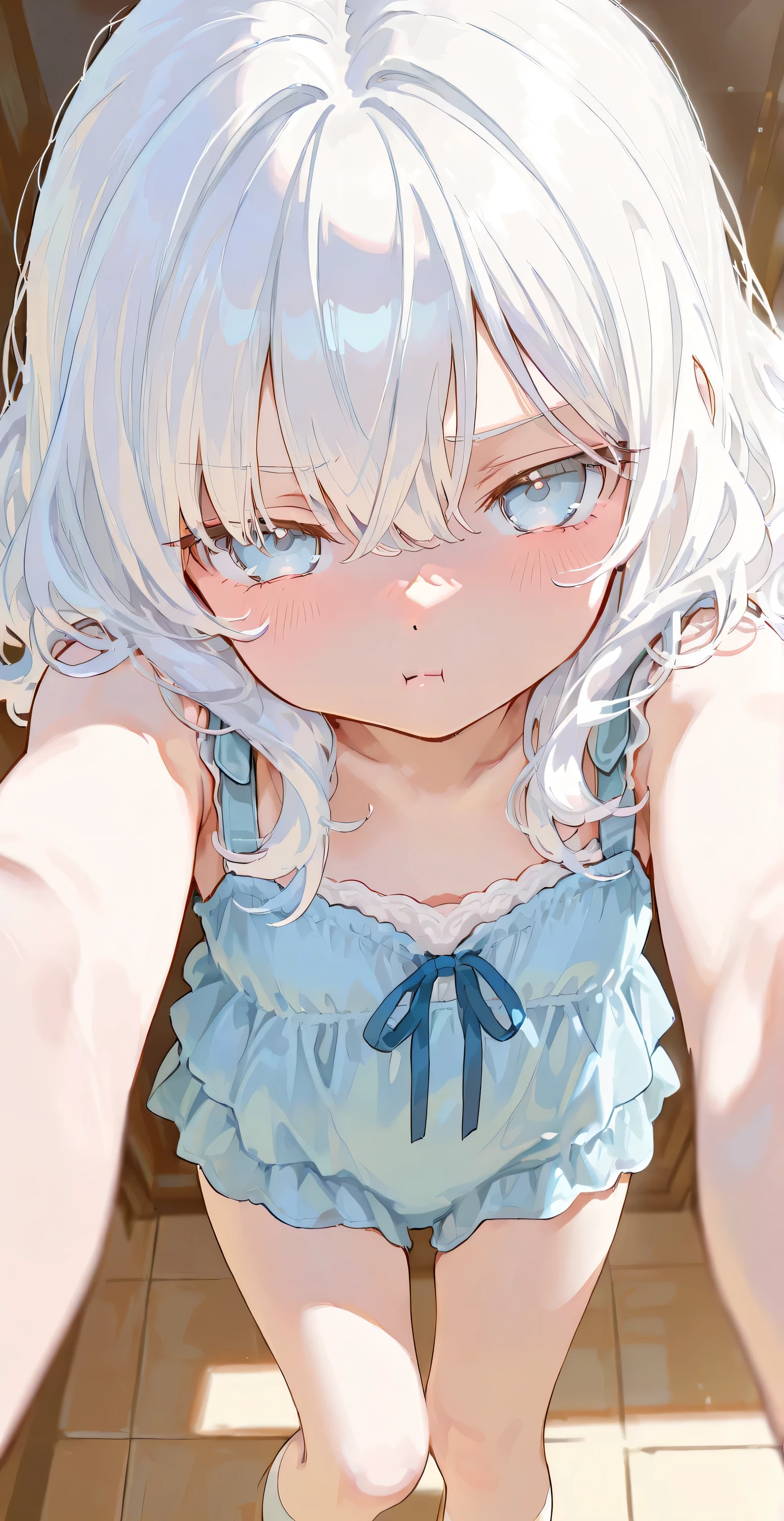 Wavy hair, medium hair, big volume hair, petite girl, white hair, light blue eyes, junior high school girl, Waiting for a hug, spread her arms, looking at viewer, pout, from above:0.7