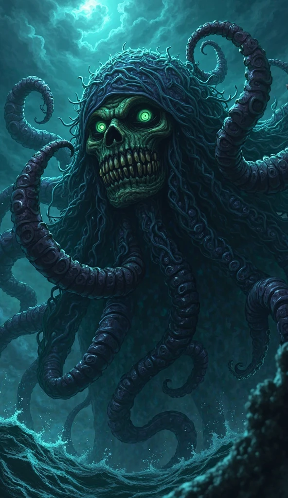 dark swamp eldritch monster (skull face:1.2) rising out of the water moss slime vines (octopus tentacles:1.2) churning water fireflies midnight moonlight backlight (masterpiece:1.2) (illustration:1.2) (best quality) (detailed) (intricate) (8k) (HDR) (wallpaper) (cinematic lighting) (sharp focus)