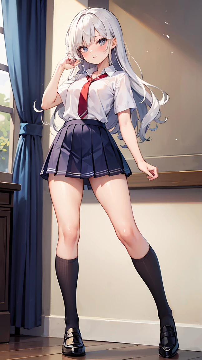 there is a woman in a short skirt and a tie posing, hyperrealistic schoolgirl, a hyperrealistic schoolgirl, realistic schoolgirl, photorealistic anime girl render, perfect white haired girl, beautiful anime high school girl, seductive anime girl, cute schoolgirl, thighhighs and skirt, small curvy , with white long hair, tifa lockhart with white hair