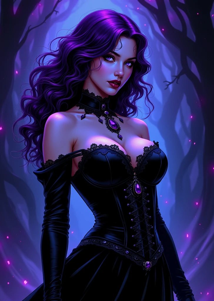 a picture of a young beautiful enchantress, long purple hair, lush purple lips, evil, villainess, smiling, black prom dress, she is coming to you, up close, bright blue eyes, surrounded by swirling pink smoke, real, high detail, best quality