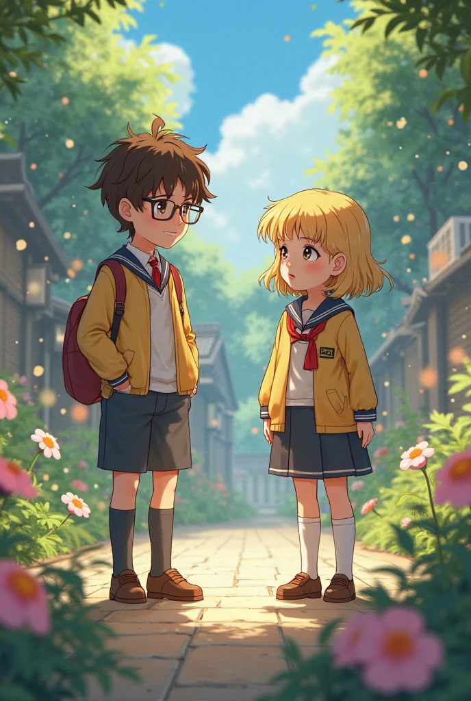 A  boy with, , wavy brown hair and glasses with a slightly short blonde girl., skin in studio goblin style and they both have a South Korean uniform 