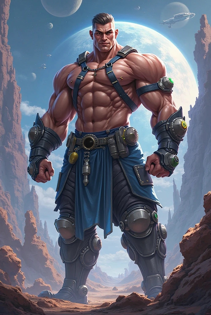 Sculpted hero, upper body uncovered, legs exposed from thighs to feet, bearded with beaded facial hair, luxuriant long curls, intricate muscularity, photorealistic portrayal, 4K resolution. Background: Epic battlefield with ancient ruins.,32k uhd, best quality, masterpiece, super detail, high details