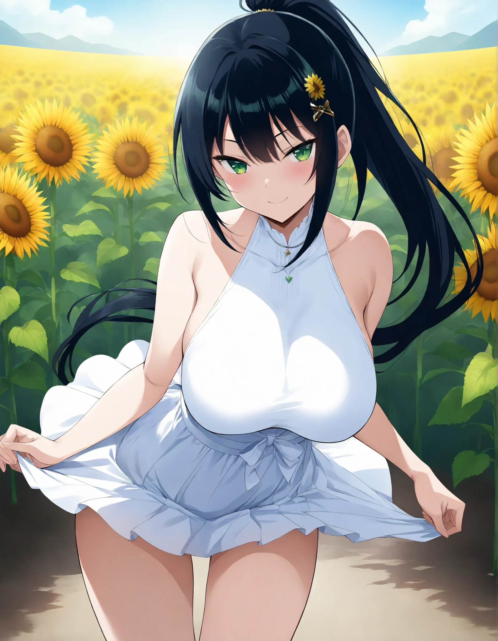 (tsurime)、green eyes,large Breasts、 black ponytail hair、white summerdress,short skirt,ster hair ornament 、Obscene atmosphere、Many Hearts、anime style、selfy style,sunflower field,liftup skirt,smile