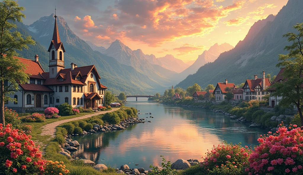 a small village by the river, mountains in the background, fleurs florales colorées,  detailed landscape , Beaux paysages naturels, atmospheric lighting, coucher de soleil brûlant, warm colors, pratique, photorealistic, Detailed foliage ,  complex buildings, Cobblestone street, Charming country house, bright swirling colors, lush vegetation,  Reflections of still water, Pittoresque, idyllique,  work of art, best quality, 8k, Extremely detailed, style anime.