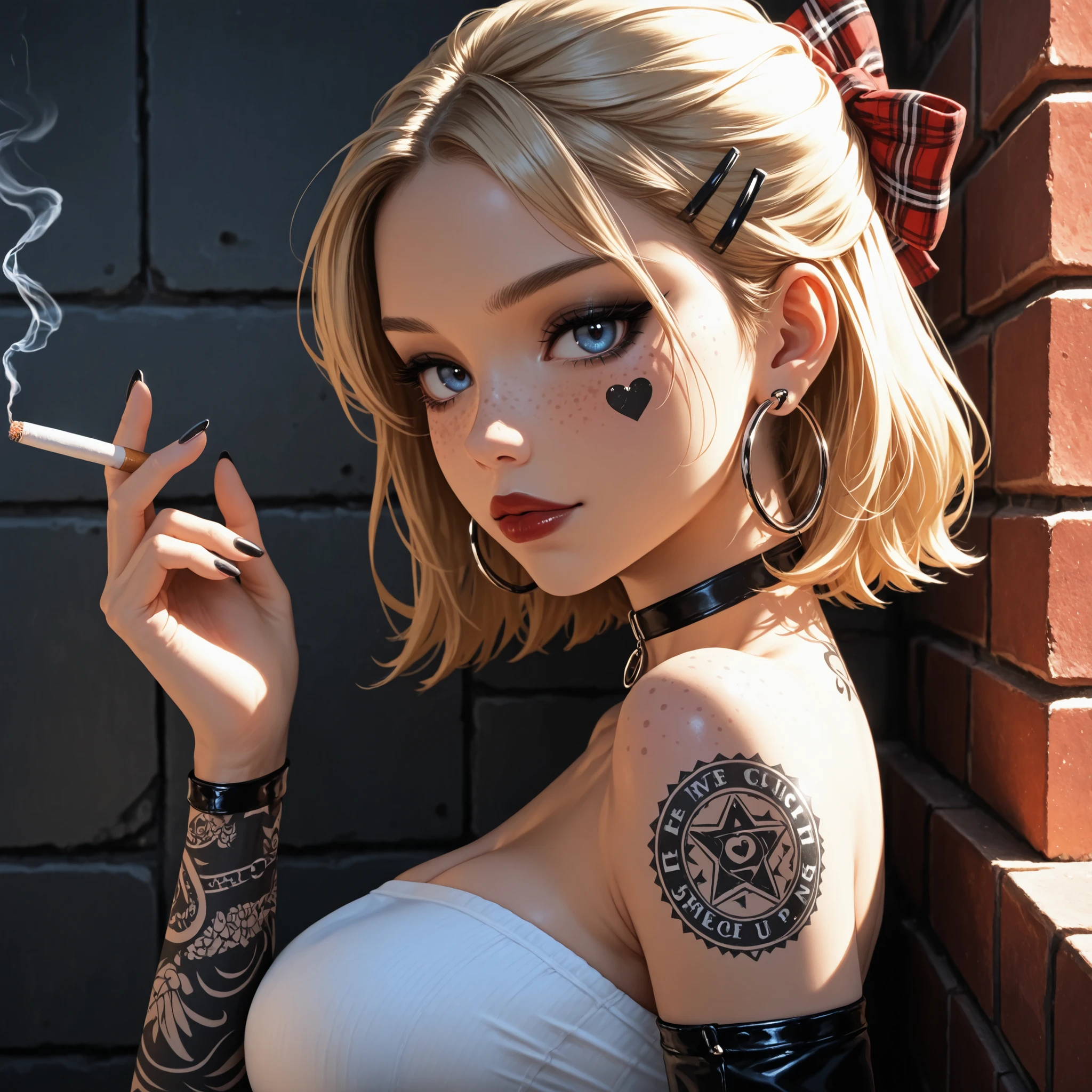 24 year old girl, leaning back against old brick wall, tattoo sleeve, juicy full lips, glossy lips, view from side, blue eyes, dark makeup, dark eyeliner, dark red shiny lipstick, alt girl, holding cigarette, black fingernails, black choker,close up, 1girl, Solo, High Resolution, looking at viewer, Bangs, Hair Bow, Masterpiece, High Resolution, Anatomically Correct, Detail, High Details, High Quality, Hoop Earrings, cute freckles, seductive expression, plaid Hair Ribbon, Jewelry, Hair Clip, Backlighting, Bloom, Cinematic Lighting, God Rays, score_9, score_8_up, score_7_up, cinematographic film image, blonde, influencer, model, beautiful, many arm tatoos, tube top, medium breasts, small heart sticker on cheek
