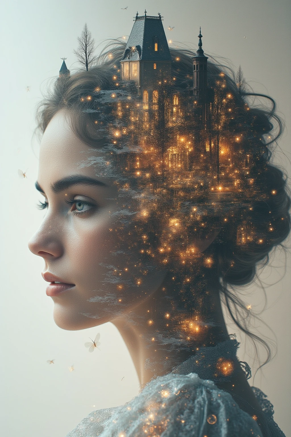    Double exposure of a beautiful and delicate lady(Face clear and perfect)Image，The backdrop is a hyper-detailed Victorian city perfect for, Beautifully, Intricate illustrations, art work concept art work masterpiece, best quality, Super detailed, HD