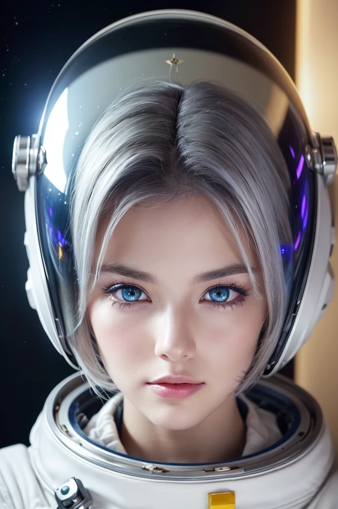 close up of a better masterpiece:1.5)0.pace and astronauts:1.2) (Disheveled silver hair:1.1) (Heterochromia and Yellow and Blue Eyes:1.2) (space helmet:1.0) (Colored stars in the eyes:1.0) (Shining Light:1.1) (thick lips with Nozomi:0.9)