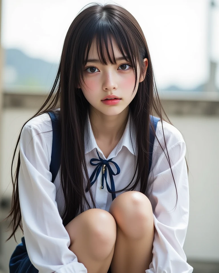 ((unparalleled masterpiece ever、best qualtiy、erfect artwork))、(realisitic, Photorealsitic:1.37)、1girl in、17 age、japanes、cute little、((JK Uniform、serafuku))、((full body seen))、long lashes、heavy eye makeup、Dark eyeshadow、Korean Makeup、randome pose、Random hair、randam angle、random place、very detailed and professional lighting、finely detail、ultra-detailliert、hight resolution、the Extremely Detailed CG Unity 8K Wallpapers、a beautiful detailed girl、extremely detailed eye and face、beatiful detailed eyes