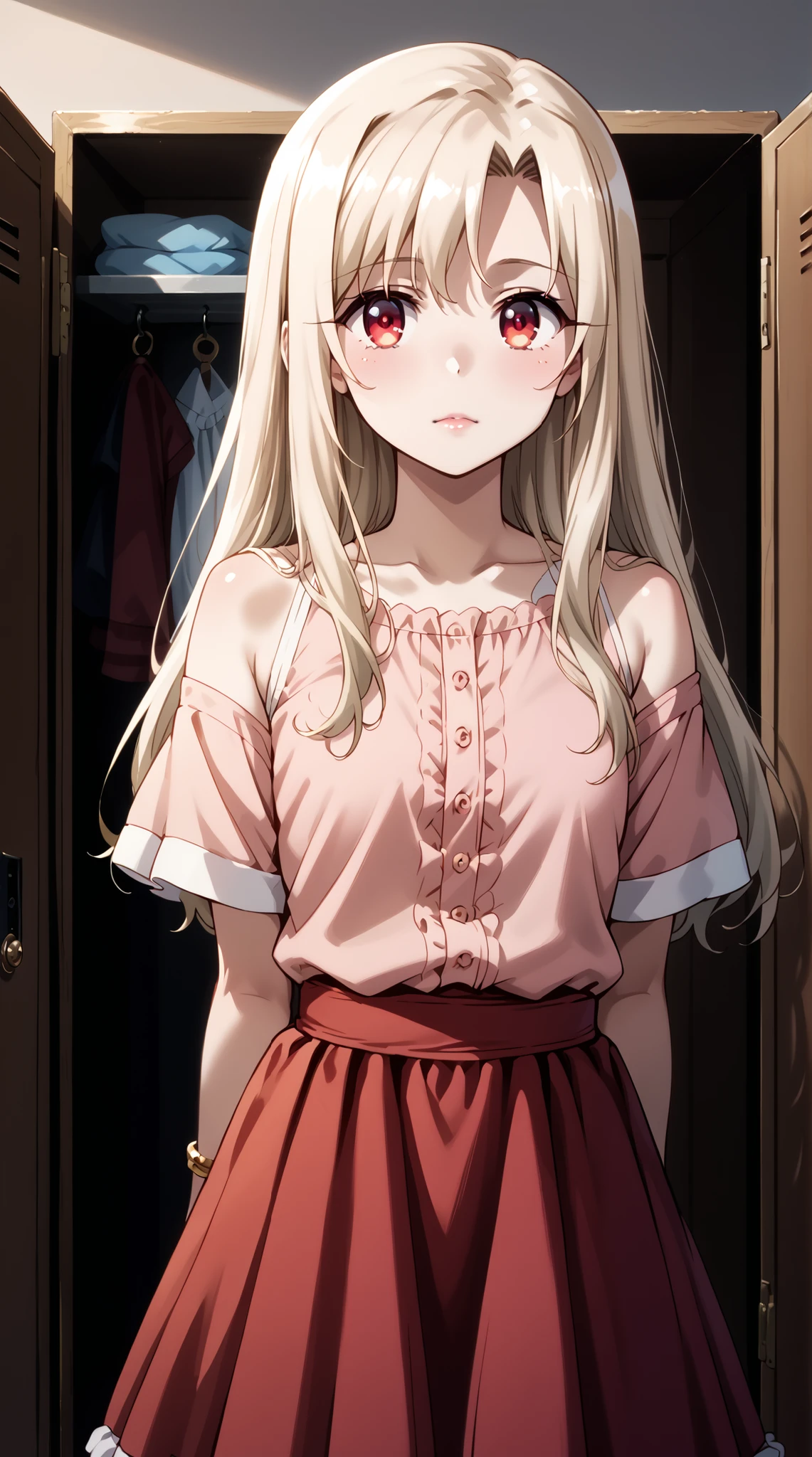 score_9, score_8_up, score_7_up, source_anime, 4K,perfect fingers,(perfect hands, perfect anatomy),prefect lighting, very aesthetic, intricate details,highly detailed background, masterpiece, high quality, best quality, 
1girl,illyasviel von Einzbern, long hair, blonde hair, red eyes, parted bangs, Large Breast,
wearing ((bangle, bare shoulders, bracelet, dress, jewelry, short sleeves, shiny clothes,  )),
A sagging breast,  changing room, lockers, facing viewer, standing, ((arms behind back:1.2)), sensual,