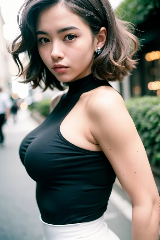 ((Best quality, 8 K, chedevr:1.3)), spicy:1.2, ideal figure, beautiful woman:1.4, Slim abs:1.2, ((Layered hairstyle, Huge tit:1.3,split:1.2)), (Long shirt with transparent wet white buttons.:1.1),(rain,street:1.2),Get wet:1.5,Highly detailed face and skin texture,Detailed eye,double eyelid,Look at the camera from the side