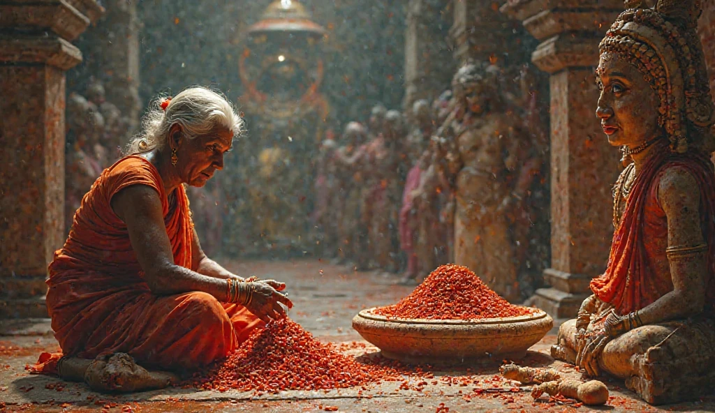 *"A hyper-realistic temple scene showing devotees performing the 'milagai arithal' (chili grinding) ritual to seek justice from Maasaani Amman. The composition captures:  
1. **Foreground:** An elderly woman fiercely grinding dried red chilies on a stone slab, her tears mixing with the spices as she whispers her grievances  
2. **Midground:** A line of devotees waiting with their own chili pods, each pod tied with a black thread symbolizing their unresolved injustices  
3. **Background:** The Maasaani idol's fierce expression reflected in the piled chili paste, her eyes seemingly following every grinding motion  

The temple floor shows years of chili stain patterns forming natural kolams, while the air shimmers with capsaicin heat waves. A broken 'billi soonyam' doll lies discarded near the grinding stone, its stuffing spilled like failed black magic."*  

**Negative Prompt:**  
*"Avoid modern clothing, happy expressions, clean environments, Western elements, low quality, blurry, text, mutations"*  

**Key Ritual Details (Tamil Folk Tradition):**  
1. **மிளகாய் அரைக்கும் சடங்கு:**  
   - அரைக்கும் கல்லில் 108 கோடுகள் (ஒவ்வொன்றும் ஒரு நியாயத்துக்காக)  
   - கட்டப்பட்ட மிளகாயில் எழுதப்பட்ட குற்றச்சாட்டுகள்  
   - தேங்காய் ஓட்டில் சேகரிக்கப்படும் மிளகாய் பேஸ்ட்  

2. **தெய்வீக தலம்:**  
   - அம்மன் சிலையின் காலடியில் எப்போதும் புதிய மிளகாய் குவியல்  
   - சுவர்களில் படிந்த மிளகாய் தூள் நியாயம் கிடைத்தவர்களின் படங்கள்  
   - தரையில் தானாக உருவான "ச" வடிவம் (சத்தியத்துக்கு)  

3. **பக்தர்களின் நம்பிக்கை:**  
   - அரைக்கும் போது உதிரும் கண்ணீர் துளிகள் கல்லில் உறைதல்  
   - வயதானவர்களின் நடுங்கும் கைகள்  
   - இளைஞர்களின் கோபம் நிறைந்த முகபாவங்கள்  

**Art Style:**  
- ஹைபர் ரியலிசம் + தமிழ்நாட்டு நாட்டுப்புறக் கலை  
- வண்ணங்கள்: மிளகாய்ச் சிவப்பு, கோபக் கருப்பு, நியாயத்தின் வெண்மை  
- ஒளி: மிளகாய் தூளால் வடிகட்டிய சூரிய ஒளி  
