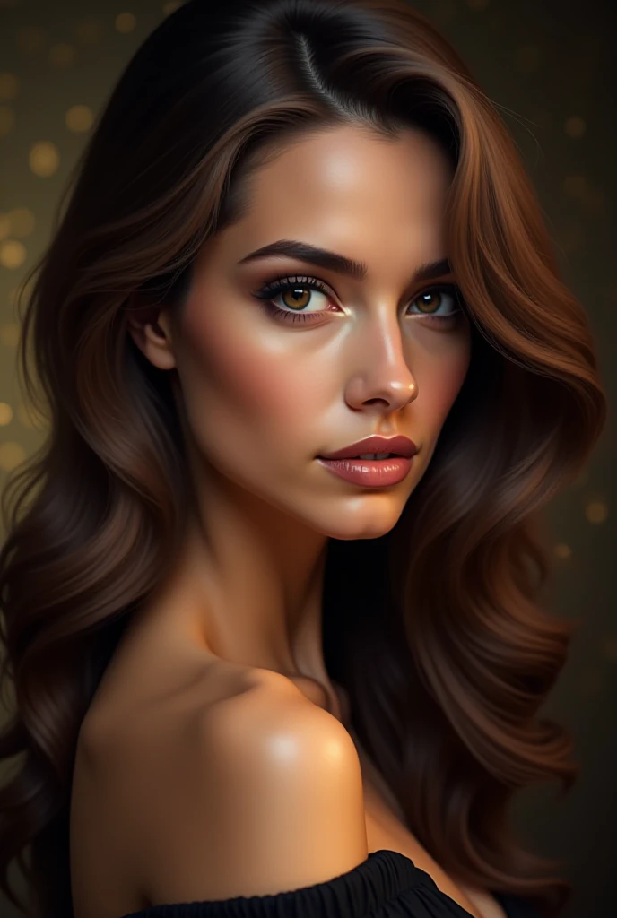 Generates brown-haired woman with brown eyes and medium brown cilor ,dark pink lips cinnamon brown skin ,with black and gold background on the back