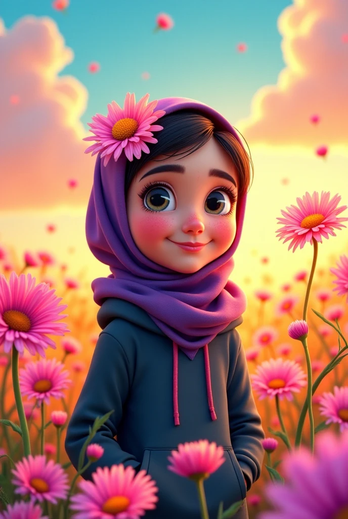 Realistic Karikatur, A women wearing hijab, blue color hijab, wearing black graduation hat, wearing pastel blue graduation hood with yellow color on the edge, wearing black graduation gown, Long graduation gown that covers the ankles, wearing shoes, bicycle background with flower basket, flower garden background , kawaii theme designs, kawaii poses