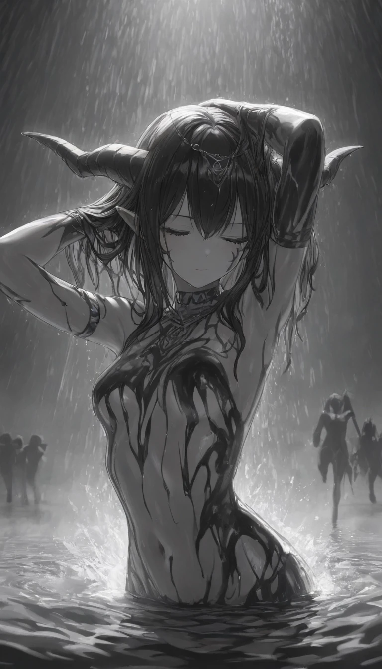 In Anime-art style, pixiv, masterpiece, 1 girl, (Close-up:1.1),Very Close to the Viewer( only half of the face is visible), soft lighting, Bloody sky, bloody environment, bloody rain, dark silhouettes, красный blood vibe, red vibe настроение, red like your blood, vampire life, Gothic, mysterious facial expressions, tattoos, aesthetics, rings and finger rings, web, head covered with dark cloth, Vampirism, на заднем фоне dark silhouettes, the character is closer to the viewer, видно только one eye, Focus on the character, Close-up, symbolism, a ritual, mirrors and paintings in the background, reflections, on the avatar, Dark art style, Blood runs down his face, portrait, leader, leads the concept, silhouettes behind, chaos, the weather is terrible, someone is spectating on her, DALLE, Close-up больших демонических глаз, сложные eyes, Unique Demon Ghouls, These images feature a dark, anime-style warrior with intricate tattoos and glowing red eyes, holding a blood-stained katana. The background includes a moonlit scene with shadowy samurai figures and a mysterious reaper, balanced to give equal focus to both the warrior and the background elements, creating a masterpiece, Digital art, city on the skyline, dark lighting, permission 1:1, blond hair, kimono, katana, Shanghai, nails painted black, in detail, moon and shadows, eyes, в eyesх отражение битвы, mysticism in the background, split personality, в eyesх готовится к битве, необычные eyes, scene, add more details, dark, fingers are proportional, serious look, holding a katana in his hands, only half of the face is visible, dystopia, night lighting, motion blur, красная и кровавая aesthetics, one eye, Close-up