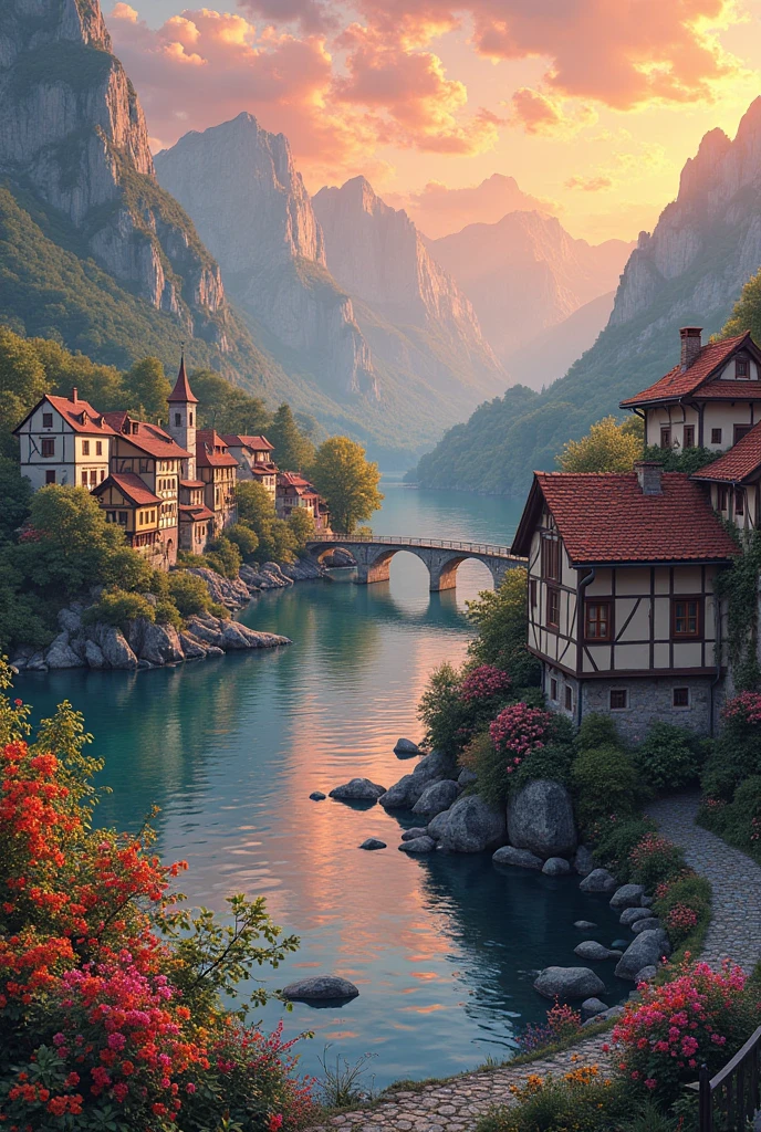 A small town by the river, mountains in the background, colorful floral flowers, detailed landscape, beautiful natural landscapes, atmospheric lighting, scorching sunset, warm colors, practical, photographic, detailed foliage, complex buildings, cobblestone street, charming country house, vibrant colors, lush vegetation, reflections in the water,  picturesque, idyllic, artwork, better quality, 8K, extremely detailed, anime style