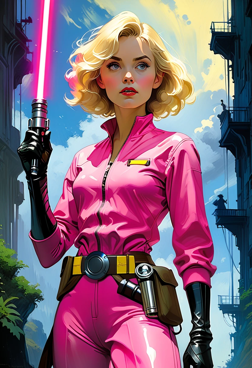 
dr Blight is a age 45 female scientist with blonde Marcel Waves covering her left eye and who usually wears tight pink spandex jumpsuits with a yellow utility belt slung loosely around her , long elbow-high dark gloves, high-cut bootsholding lightsaber, brighter sky , detailed shadows, nostalgia, professional majestic oil painting by Ed Blinkey, Atey Ghailan, Studio Ghibli, by Jeremy Mann, Greg Manchess, Antonio Moro, trending on ArtStation, trending on CGSociety, Intricate, High Detail, Sharp focus, dramatic, photorealistic painting art by midjourney and greg rutkowski