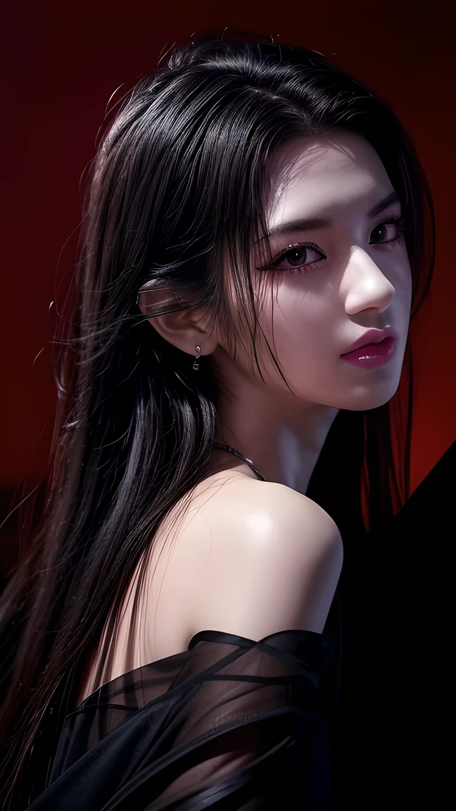 masterpiece, Ultra realistic, 16k, high quality, incredibly detailed, dream aesthetic, nightmare atmosphere, cinematic, work of art, (sharp focus: 1.5), (photorealistic: 1.3), featured (Beautiful girl), a goth girl in a movie scene, cinematic, detailed, 4k sharp focus, realistic, horror movie. scary. Tall and gorgeous, goth makeup. Seductive. Long pale-obsidian Messy hair, framing her pale, alabaster skin that seems to glow ethereally. Her attire is goth. Voluptuous form. Realistic eyes (evil eyes look), her eyes are like red orbs of intense of sinister light. A symmetrical face ::2 goth clothes + eclipse background + moon::1.5 ethereal illustration + trending on artstation + concept art + fantasy art + realistic cloth + fractals in the background, flowing hair --aspect 9:21 --uplight his otherworldly beauty. realistic skin texture, pale-white skin illuminated. realistic perfect shading. absurdres, realistic textures. solo, alone, 1girl. tall. looking at viewer. female muscular body, toned body, defined muscles. Large natural breasts, cleavage. pantyhose, (a black) darkness queen dress adorned in gold (realistic texture). In Different positions at different angles. Night background. unbelievably real, best quality, Photorealistic.