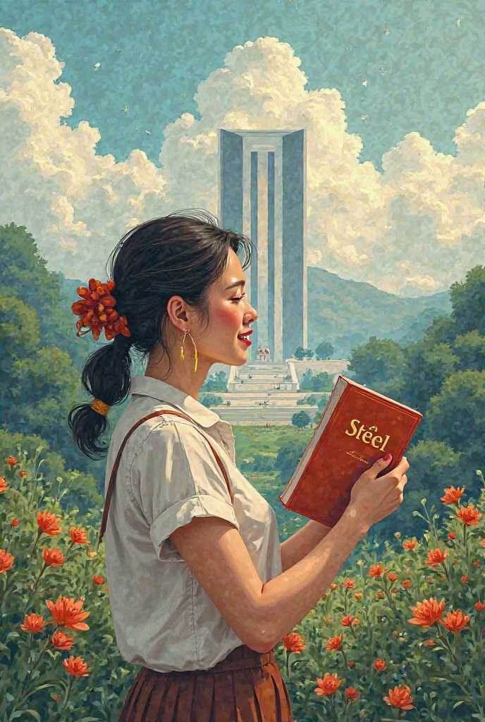 Draw me a teacher who embraces my book Steel and turns her eyes to Bac Ho Mausoleum with joy and longing, showing the great development of the country and the Tomb of Bok