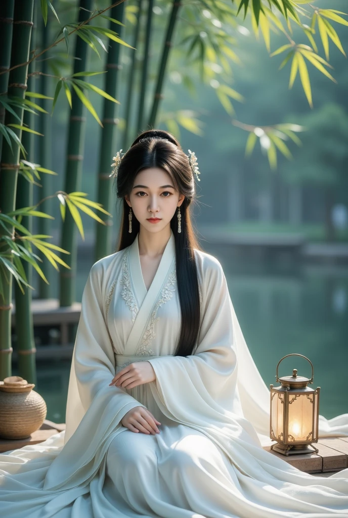 A hyperrealistic portrait of a woman in an exquisitely detailed white Hanfu, the silk shimmering under soft, diffused light, her expression serene yet subtly melancholic, set against a backdrop of a misty bamboo forest, evoking a sense of ancient Chinese elegance and quiet contemplation. , she hold Antique Chinese lantern